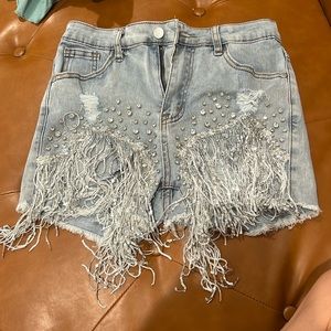 Fringe diamond tassel jean shorts
